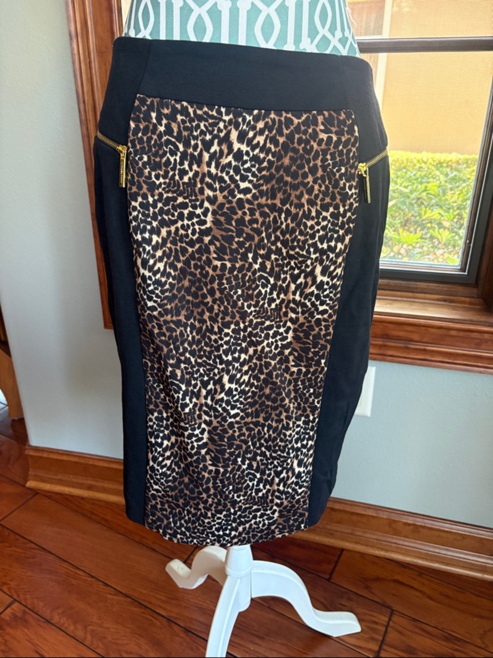 Michael Kors Black Pencil Skirt with Leopard Front Panel and Gold Zippers